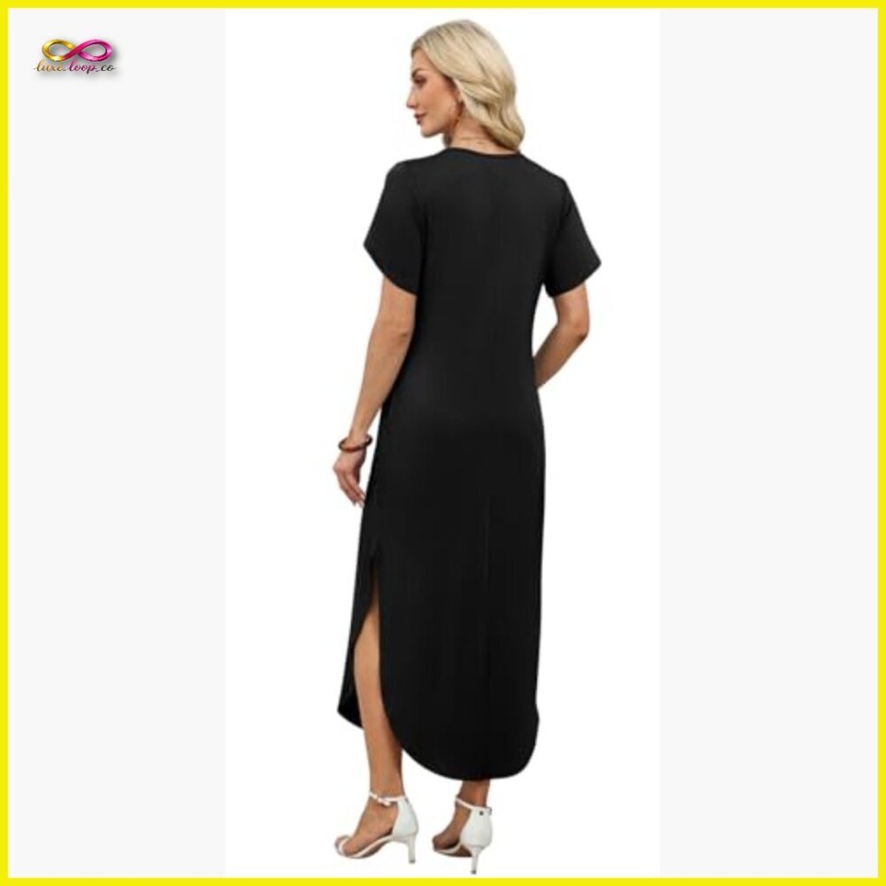 Summer Maxi Dress V-Neck Side Slit Pockets Casual Boho Chic Loose Fit - Picture 6 of 7